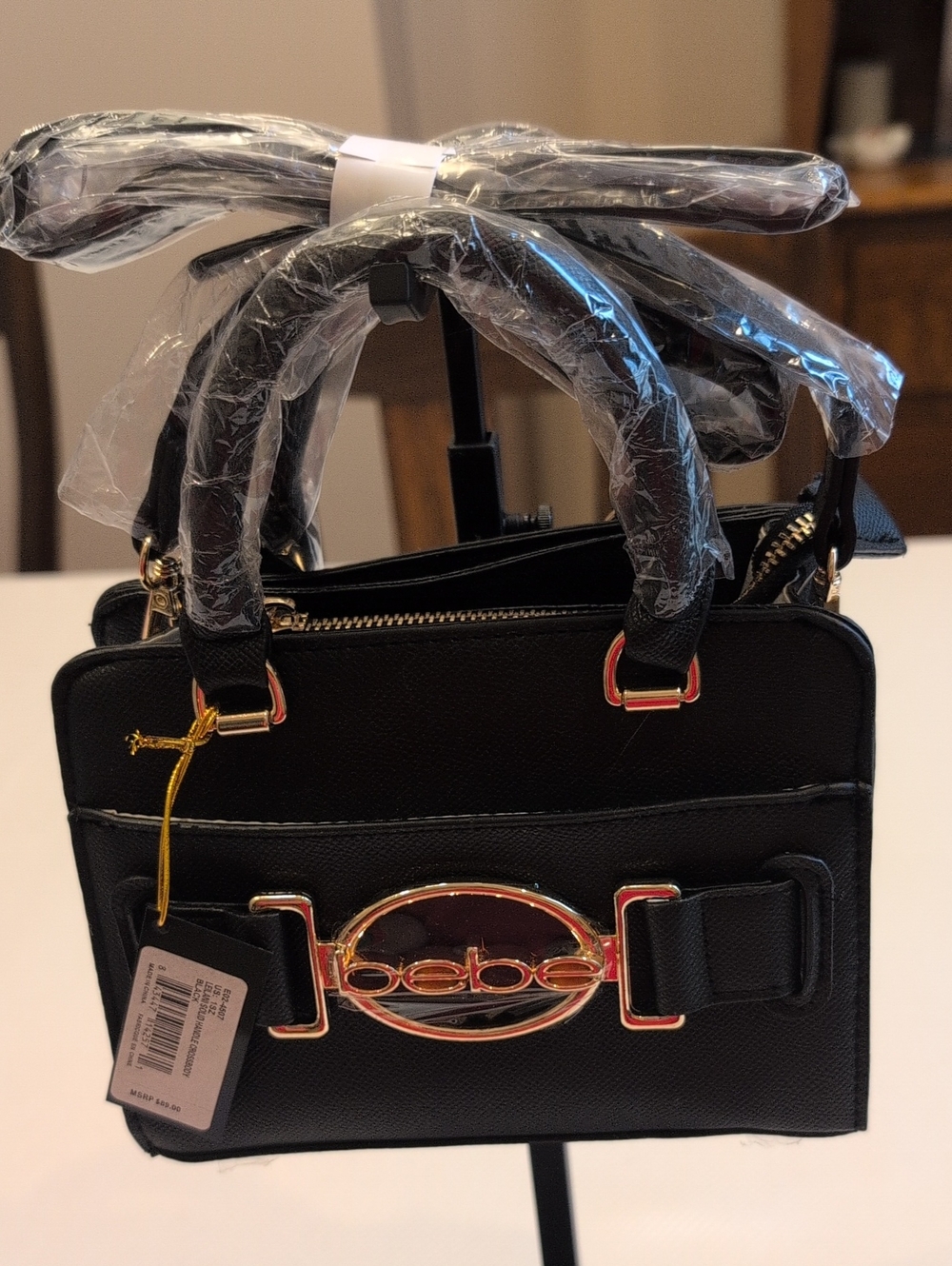 bebe Black Satchel with Gold Logo Accent